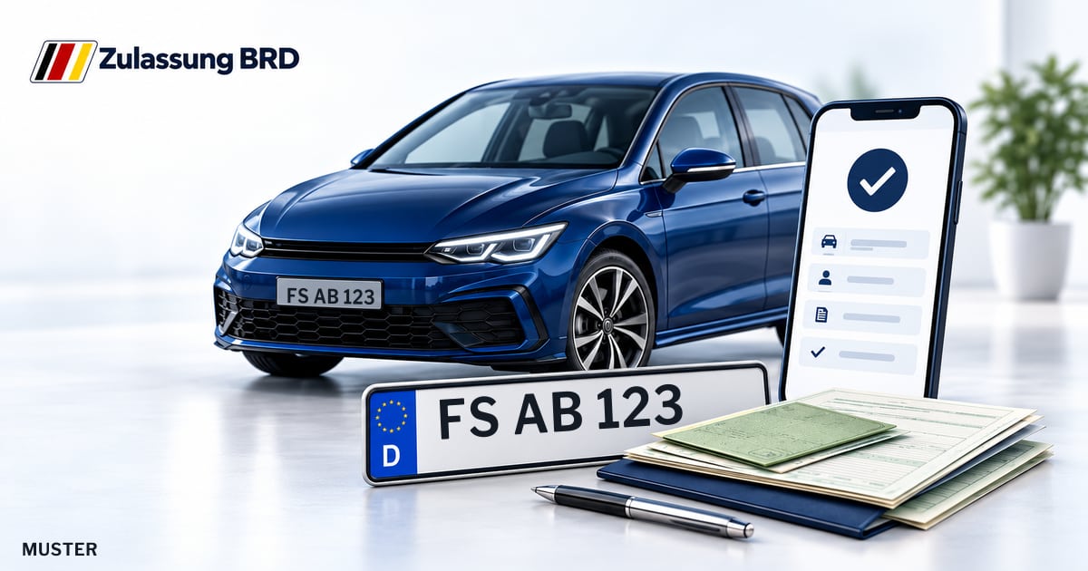 Online Fahrzeugzulassung in Freising: Musterkennzeichen FS AB 123, Auto und Fahrzeugpapiere und Smartphone. Illustration mit Logo von Zulassung BRD.